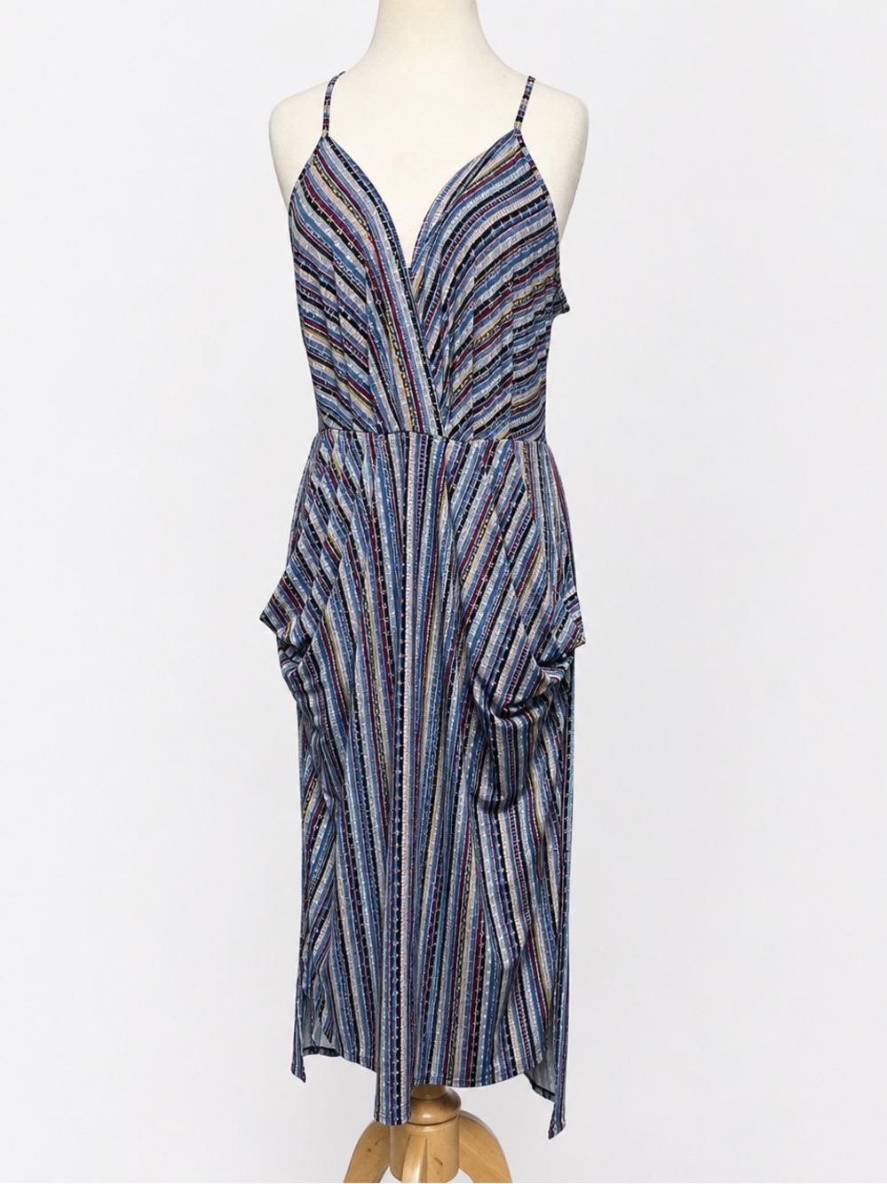 BCBGeneration Striped Midi Dress Blue Multicolor Stretch Size Medium
